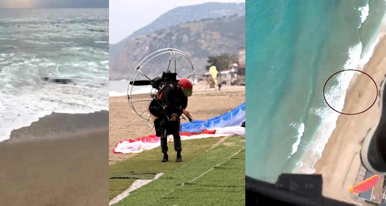 Alanya’da 2,5 ay önce sahilde bulunan ceset ihbarı yamaç paraşütü pilotu kamerasında